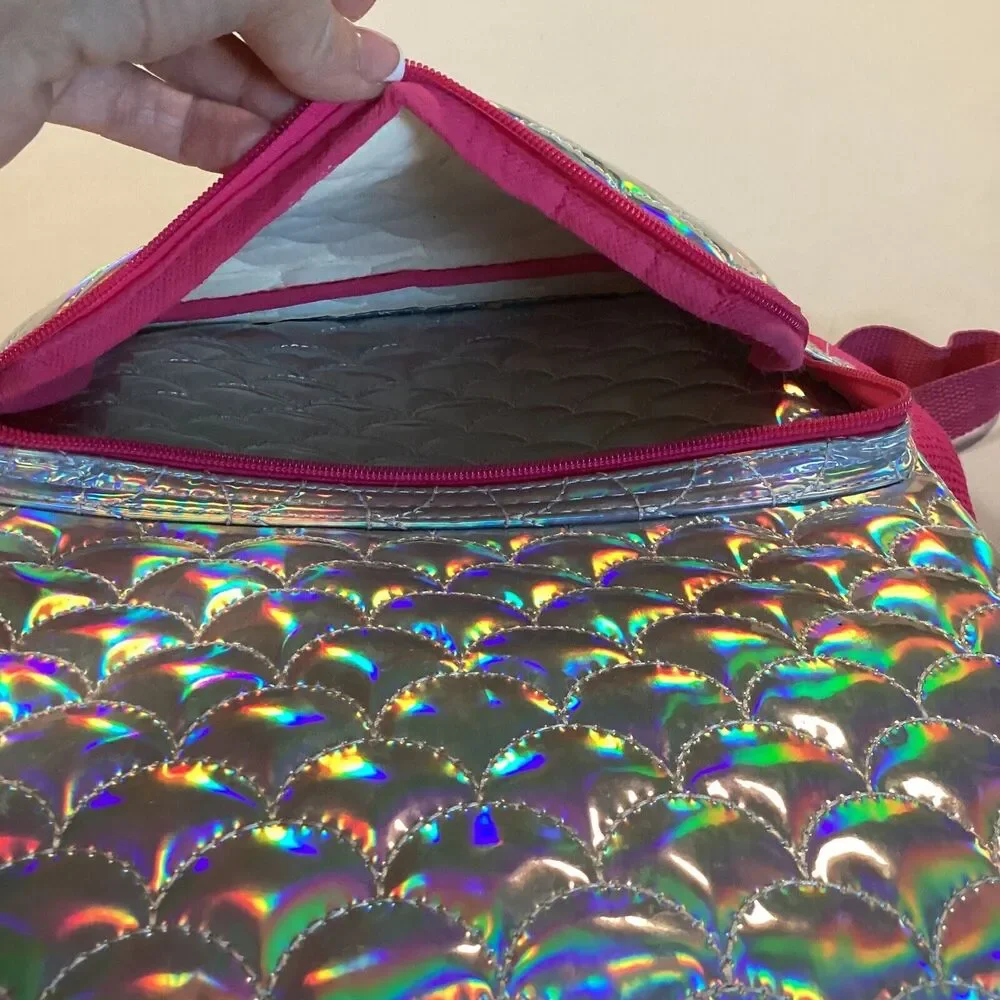 Kids' Mermaid Quilted Backpack Pink And Silver 2 Pockets And 2 Drink Pockets